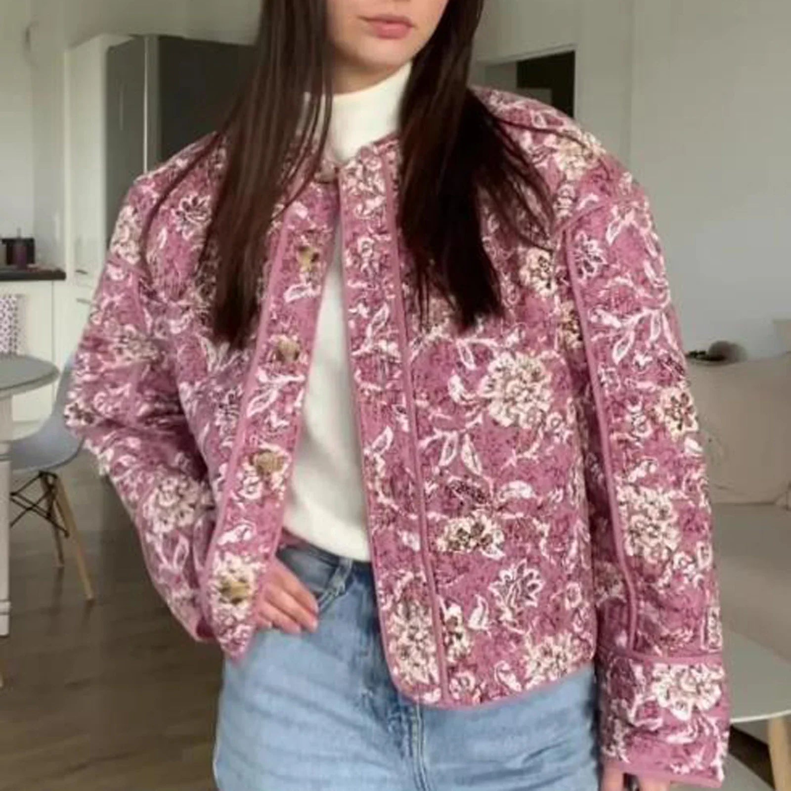 Forårsjakke Dame Cropped Puffer Med Blomsterprint