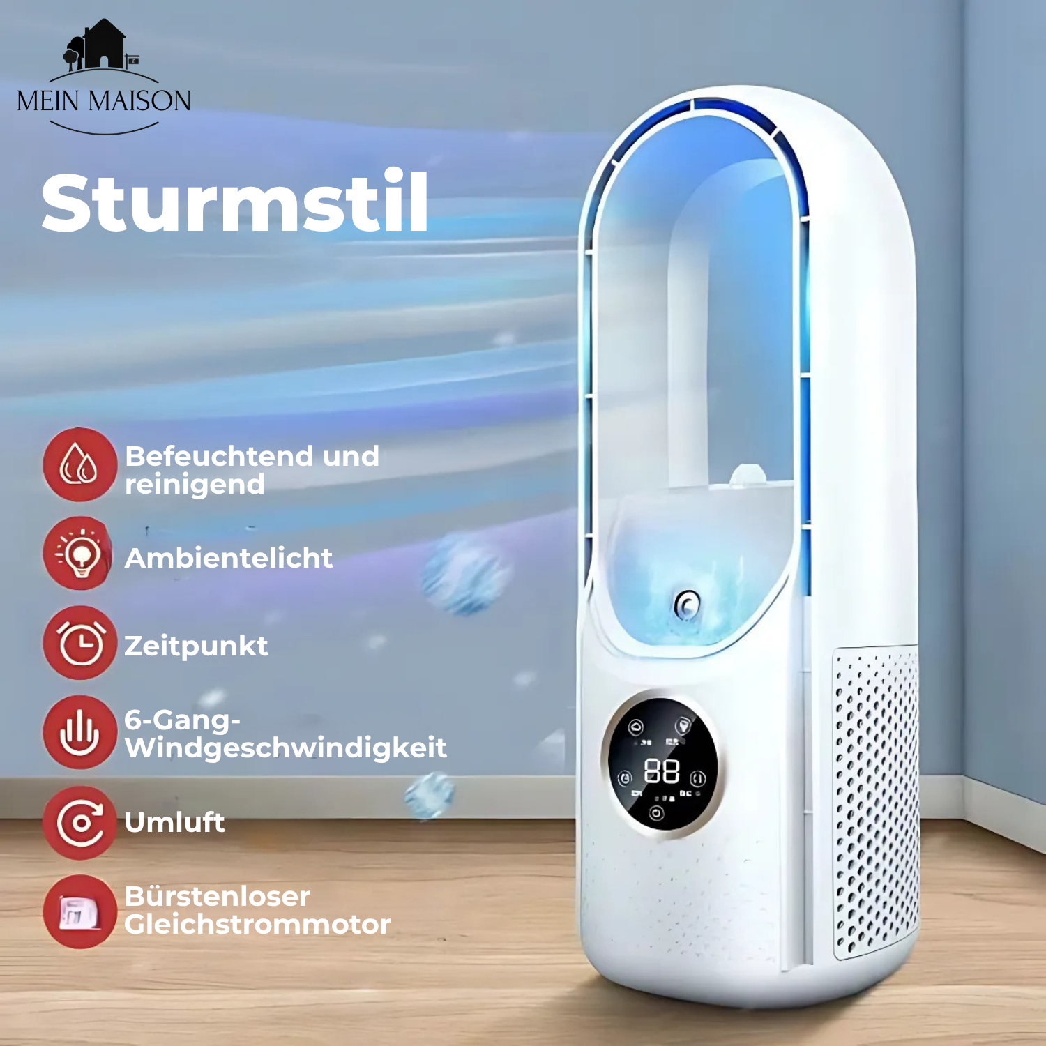 Airevo Luftkøler | Bladfri USB-Ventilator | 6 Trin | Stille & Med Timer | Luftfugtighed