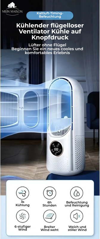 Airevo Luftkøler | Bladfri USB-Ventilator | 6 Trin | Stille & Med Timer | Luftfugtighed