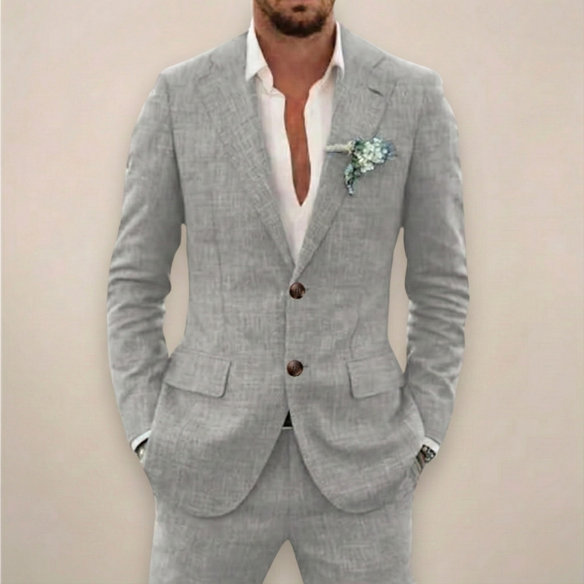 Herres Two-Piece Linnedragt – Enkeltknappet Elegant Forår/Sommer Sæt