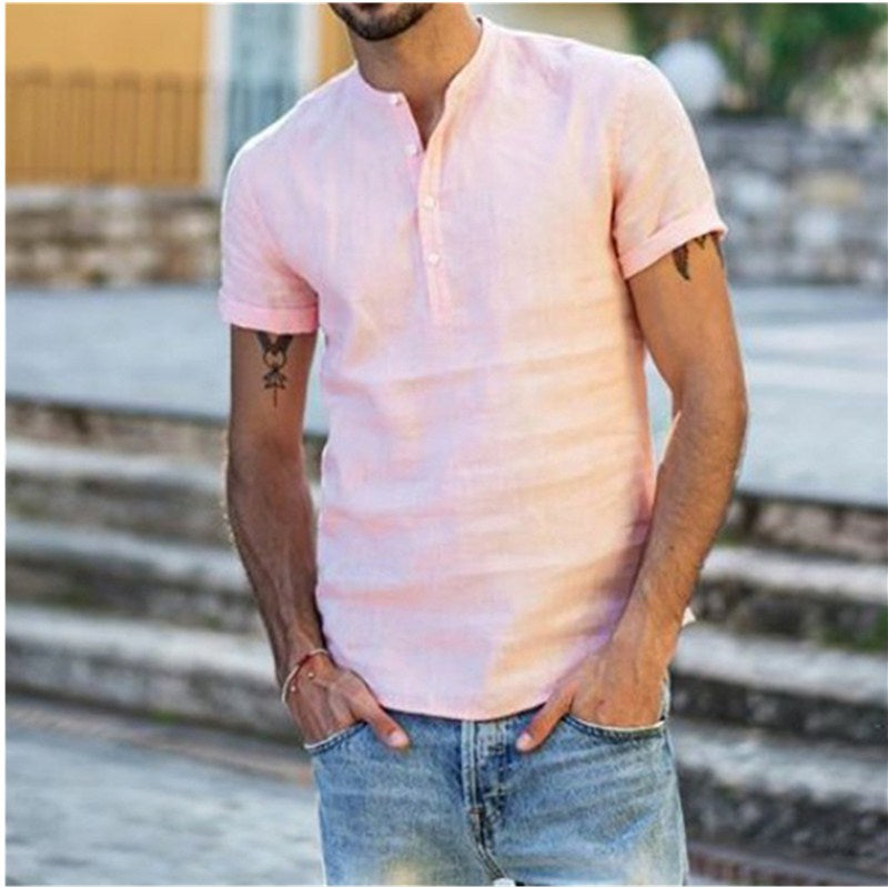 Herre Bluse i Linned Design med V-hals