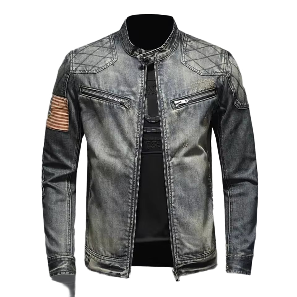 Herre Denim Jakke – Slim Fit – Lynlås Krave – Kviltede Skuldre
