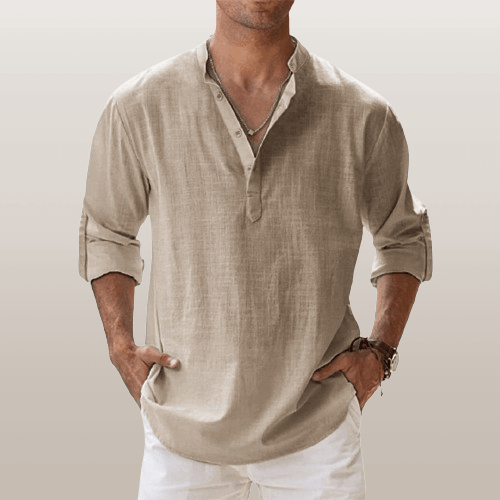 Herre Henley Skjorte Linned Blend Langærmet Casual
