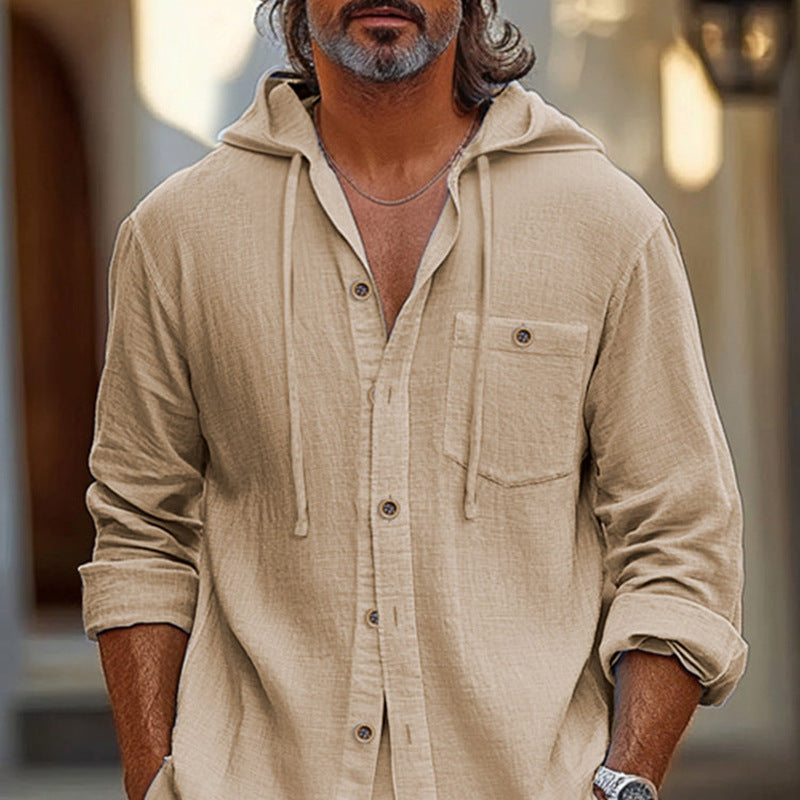 Herre Hooded Skjorte Linned Blend Casual