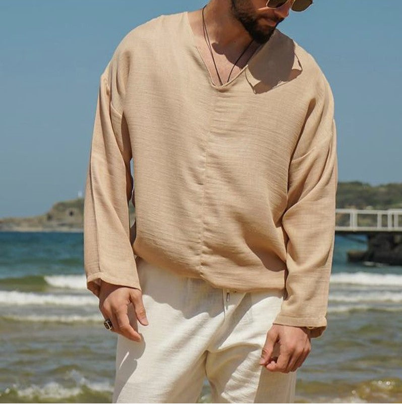 Herre Linned Skjorte V-Hals Langærmet
