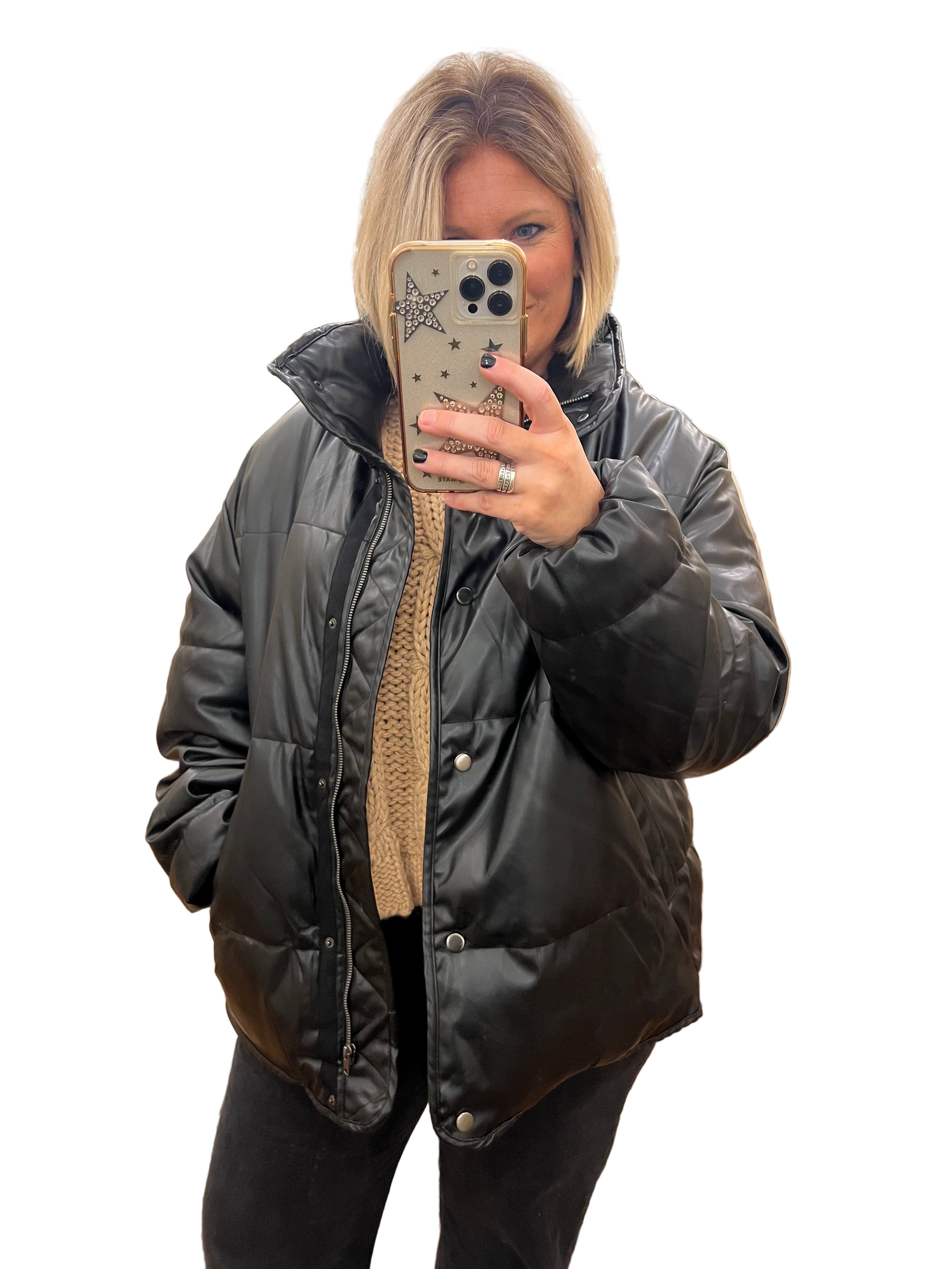 Kvinders Puffer Jakke Læder Sort