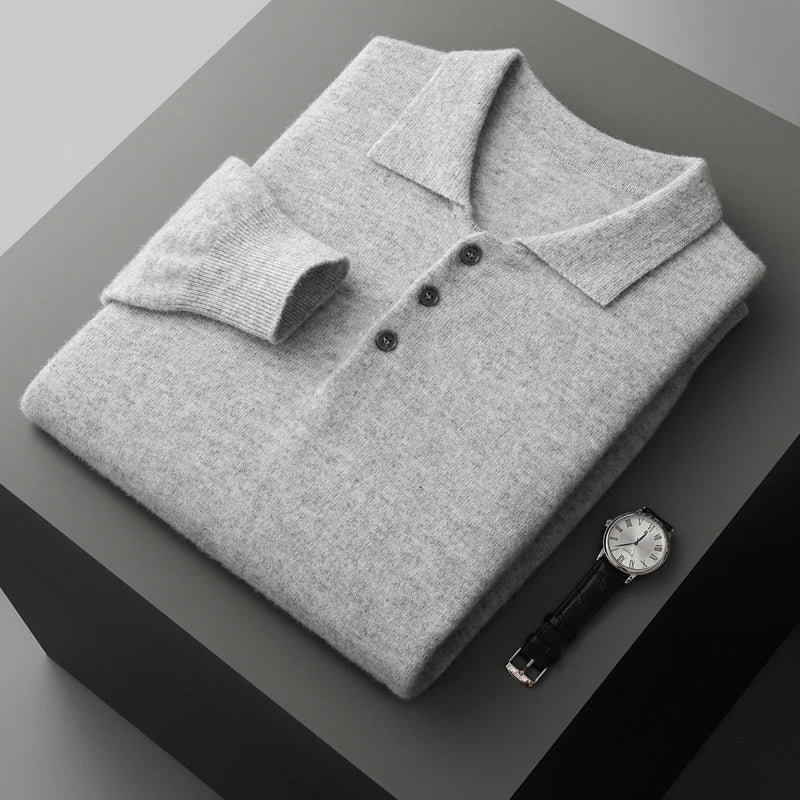 Herre Pullover Uldtrøje med Polo Krave i Merino Uld