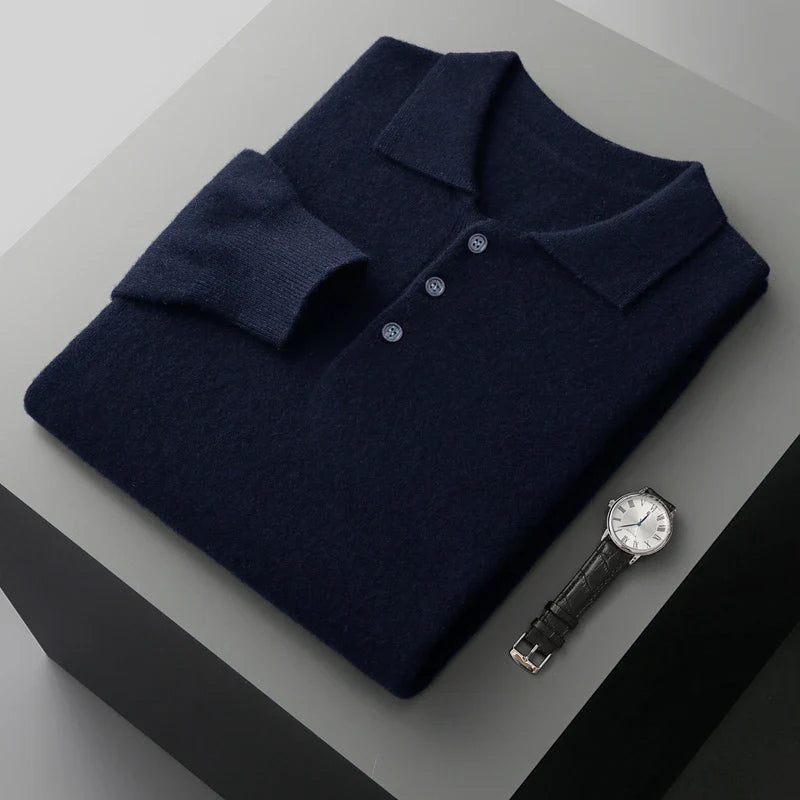 Herre Pullover Uldtrøje med Polo Krave i Merino Uld