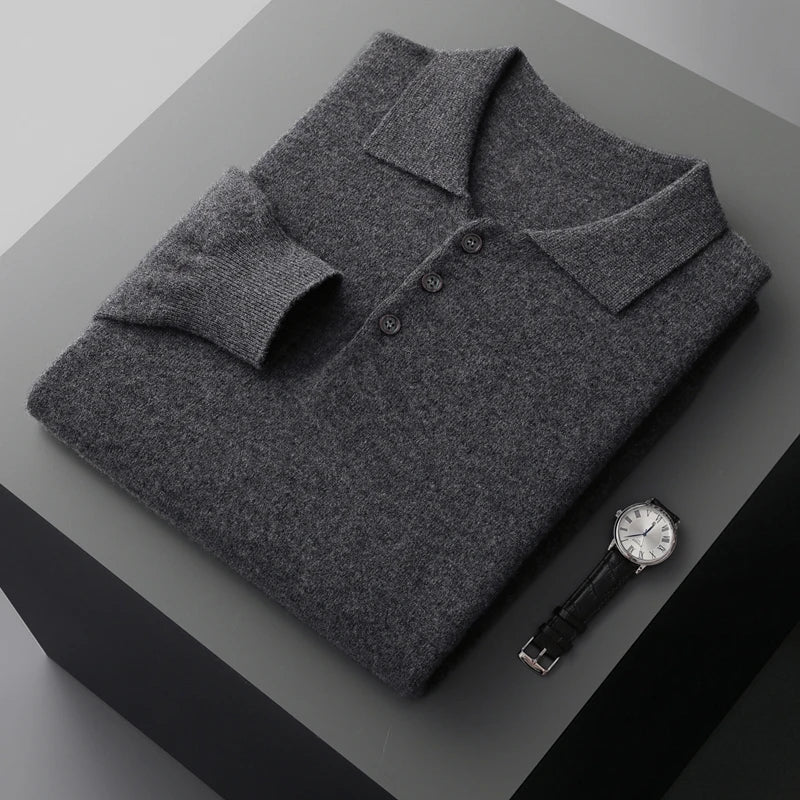 Herre Pullover Uldtrøje med Polo Krave i Merino Uld