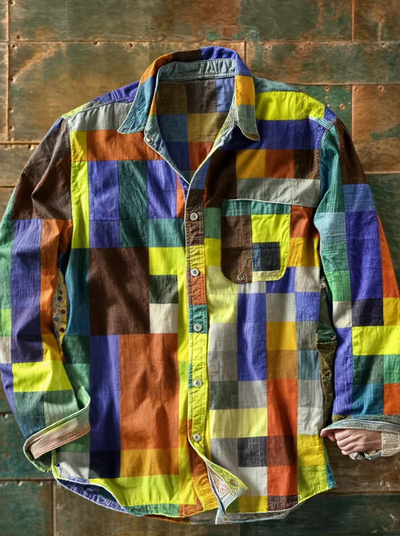 Herre Skjorte Langærmet Patchwork Design med Brystlomme til Mænd