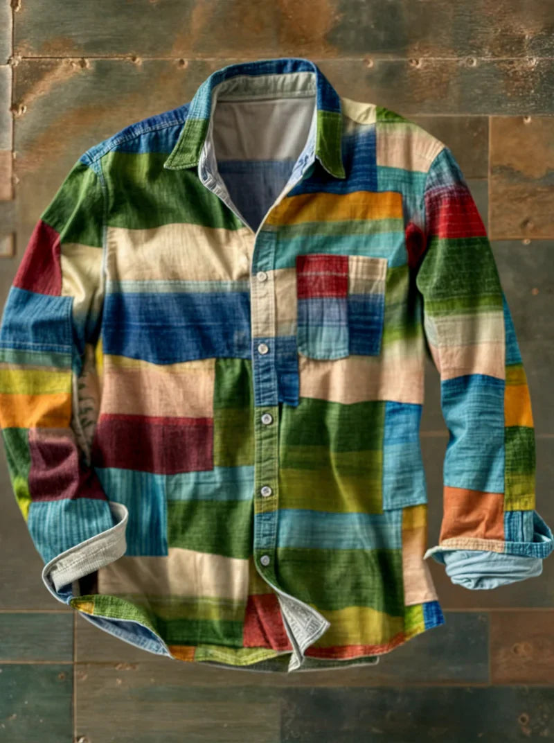 Herre Skjorte Langærmet Patchwork Design med Brystlomme til Mænd