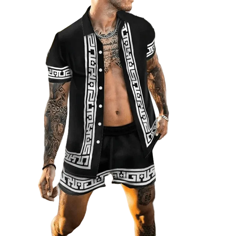 Herre Sommer Sæt Løs Kortærmet Skjorte med Shorts Patchwork Design