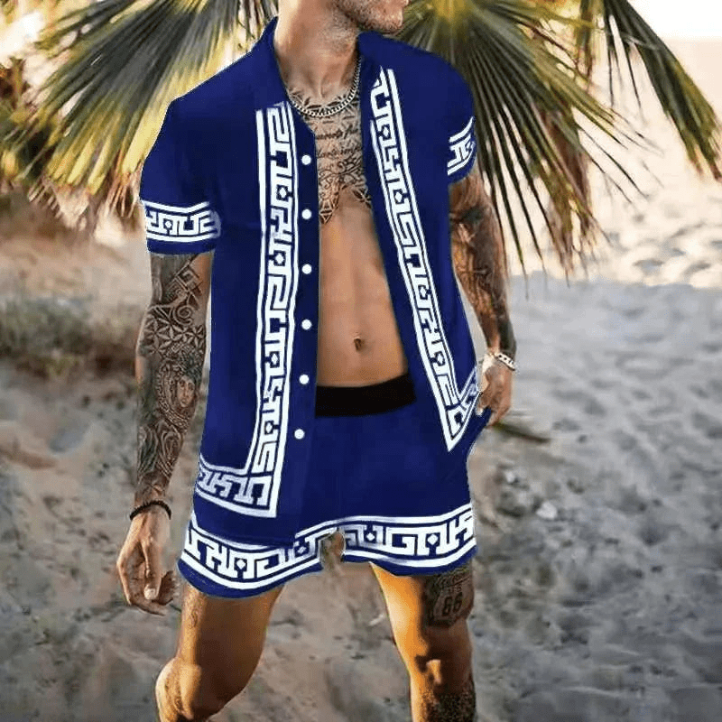 Herre Sommer Sæt Løs Kortærmet Skjorte med Shorts Patchwork Design