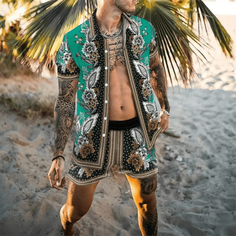 Herre Sommer Sæt Løs Kortærmet Skjorte med Shorts Patchwork Design