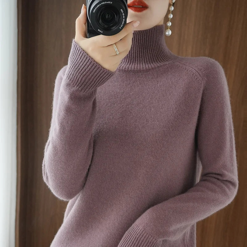 Kvinders Striktrøje Turtleneck Blød Merino Uld