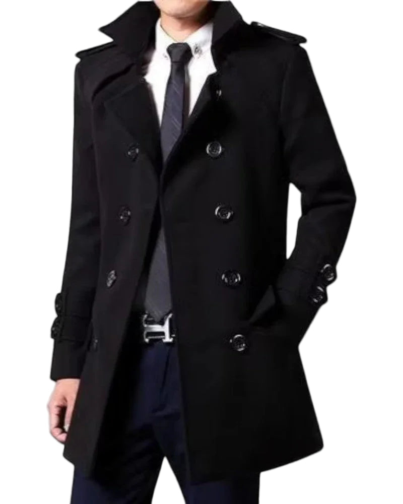 Herre Trenchcoat Mellemlængde Dobbeltradet Stil Elegant