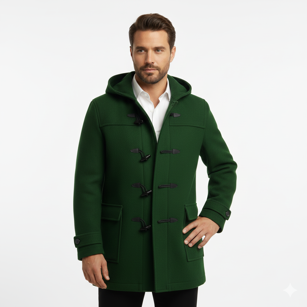 Joen Lang Trench Coat Mænd – Skandinavisk Hættetrøje med Hornknapper & Retro Stil