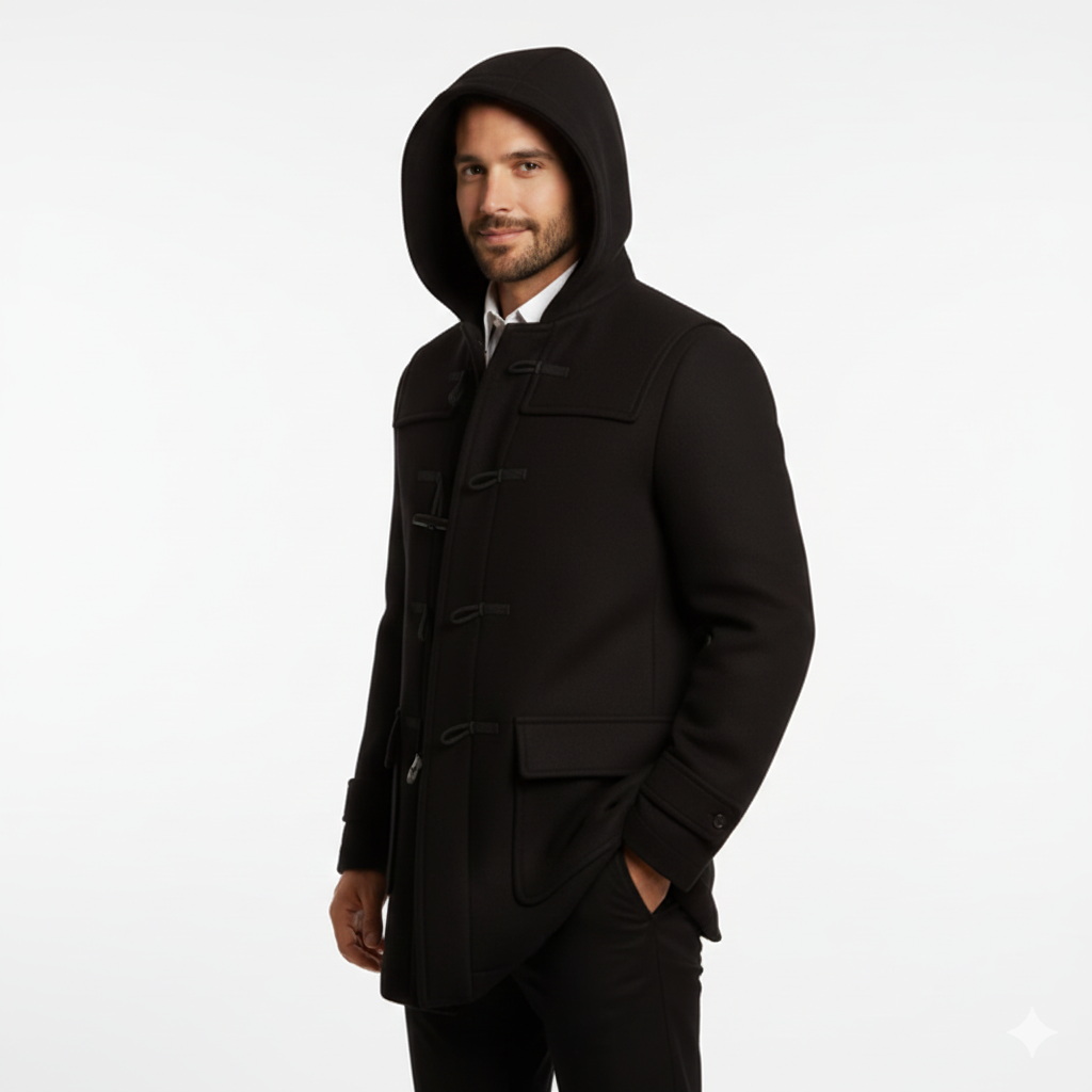 Joen Lang Trench Coat Mænd – Skandinavisk Hættetrøje med Hornknapper & Retro Stil