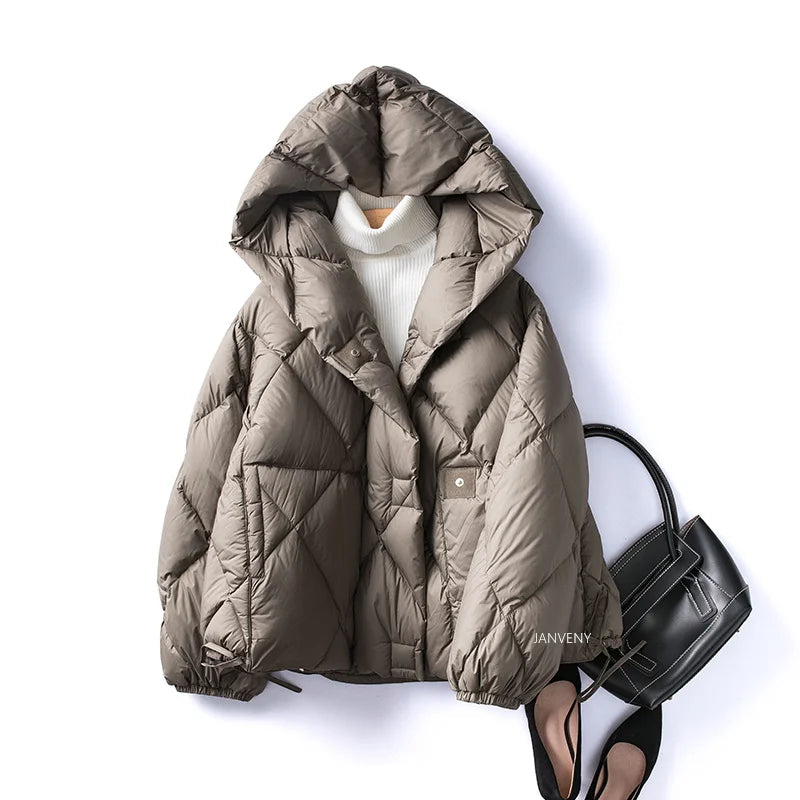 Kort Dunjakke Dame med Hætte - Vinterjakke i Puffer Stil