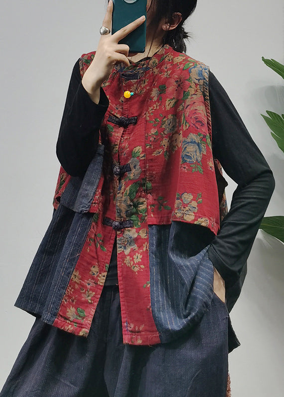 Kvinders Ærmeløs Vest med Kinesisk Knap og Patchwork Print