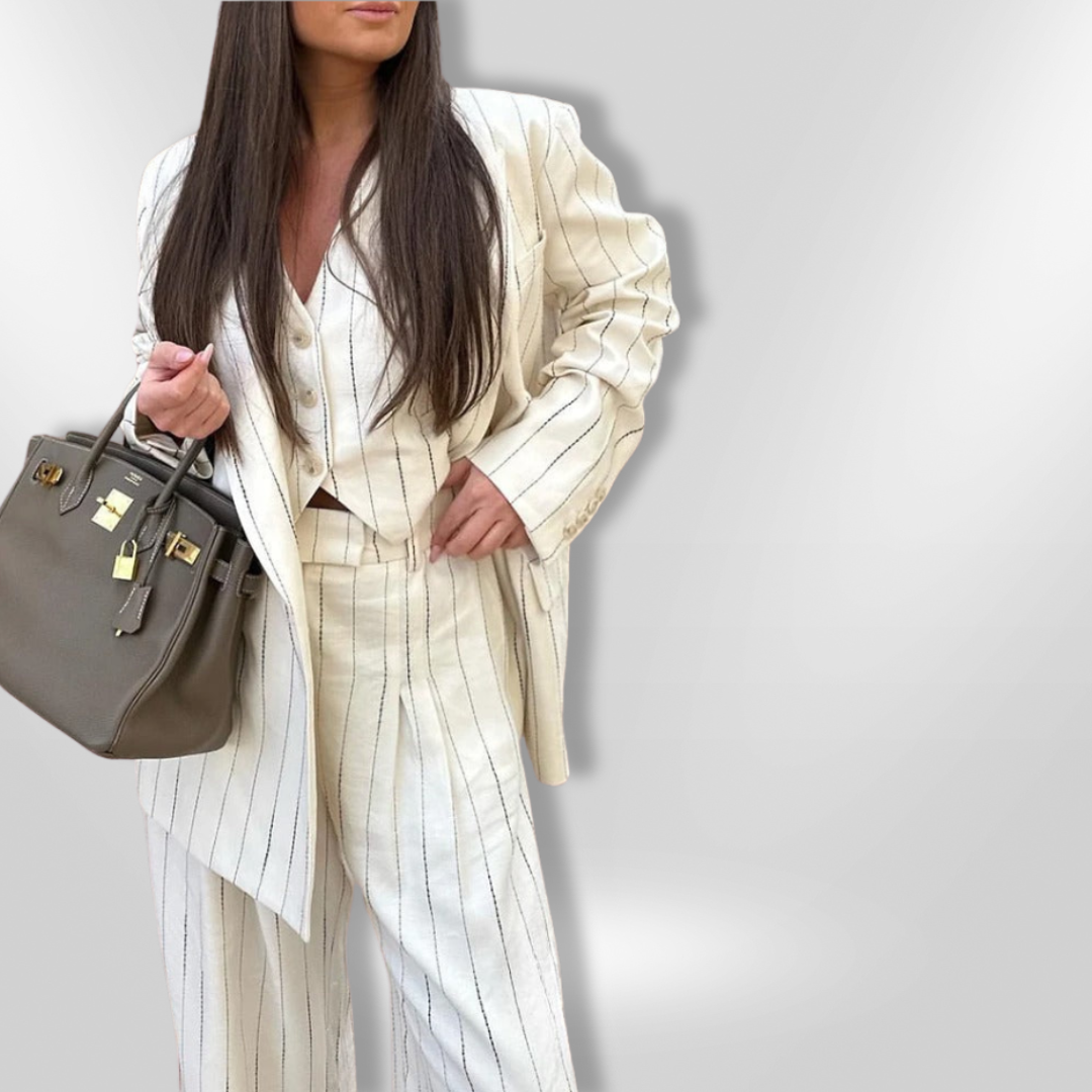 Kvinders Blazer Sæt med Bred Bukser og Stribet Design