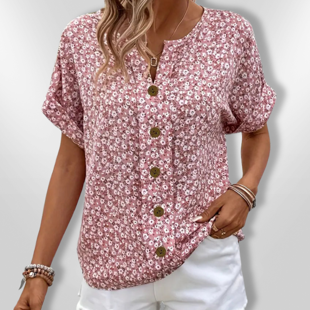 Kvinders Bluse Med Blomsterprint og Træknapper