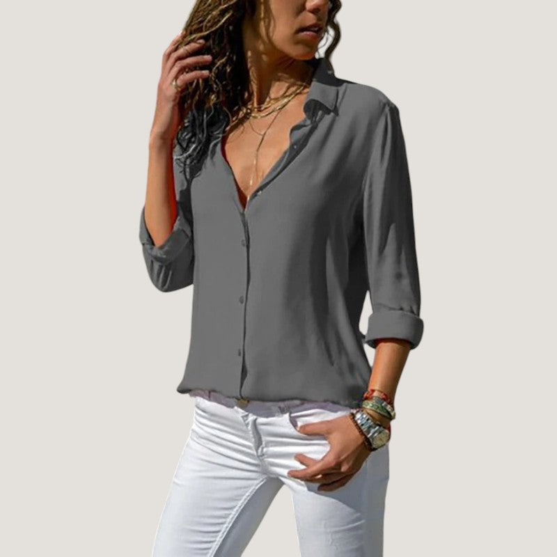 Kvinders Bluse i Chiffon med V-hals og Knapper