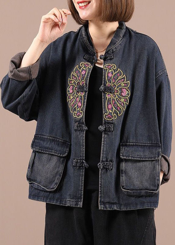 Kvinders Boho Denim Jakke med Broderede Lommer