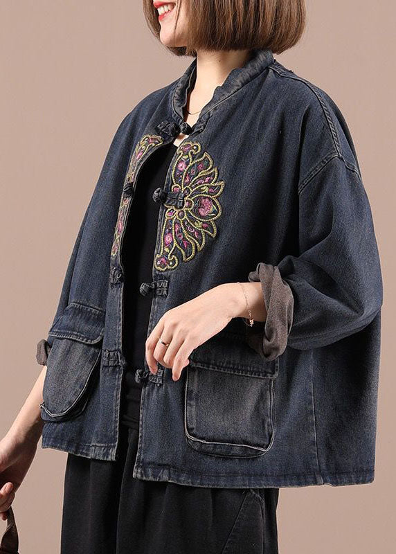 Kvinders Boho Denim Jakke med Broderede Lommer