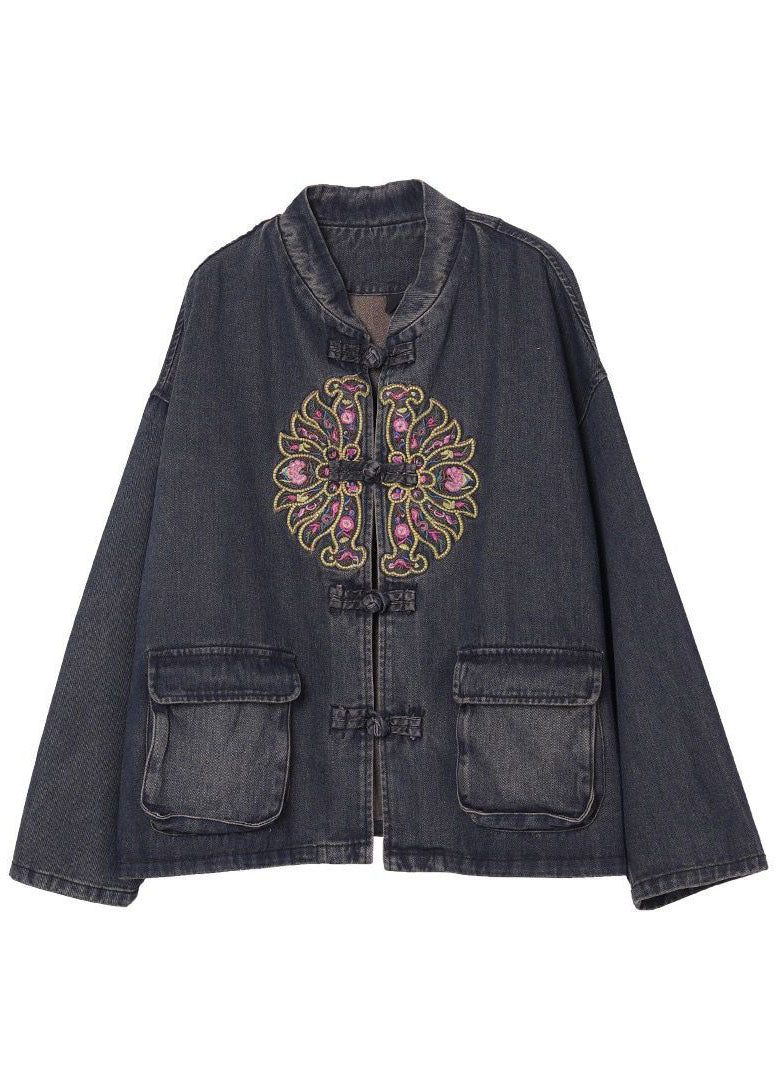 Kvinders Boho Denim Jakke med Broderede Lommer