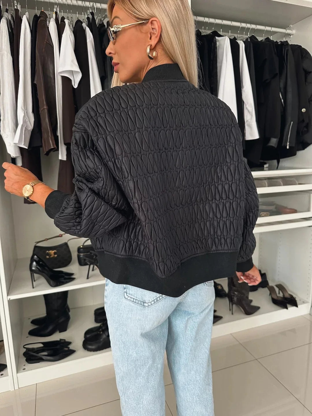Kvinders Bomberjakke Quilted Lynlås Ribbet Kant