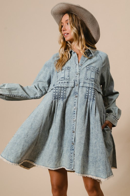 Kvinders Button Down Kjole i Mineralvasket Denim