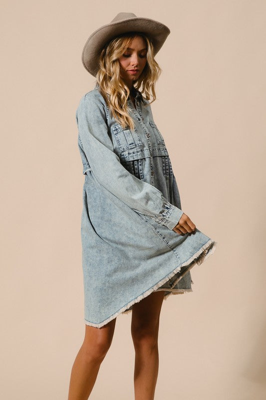 Kvinders Button Down Kjole i Mineralvasket Denim