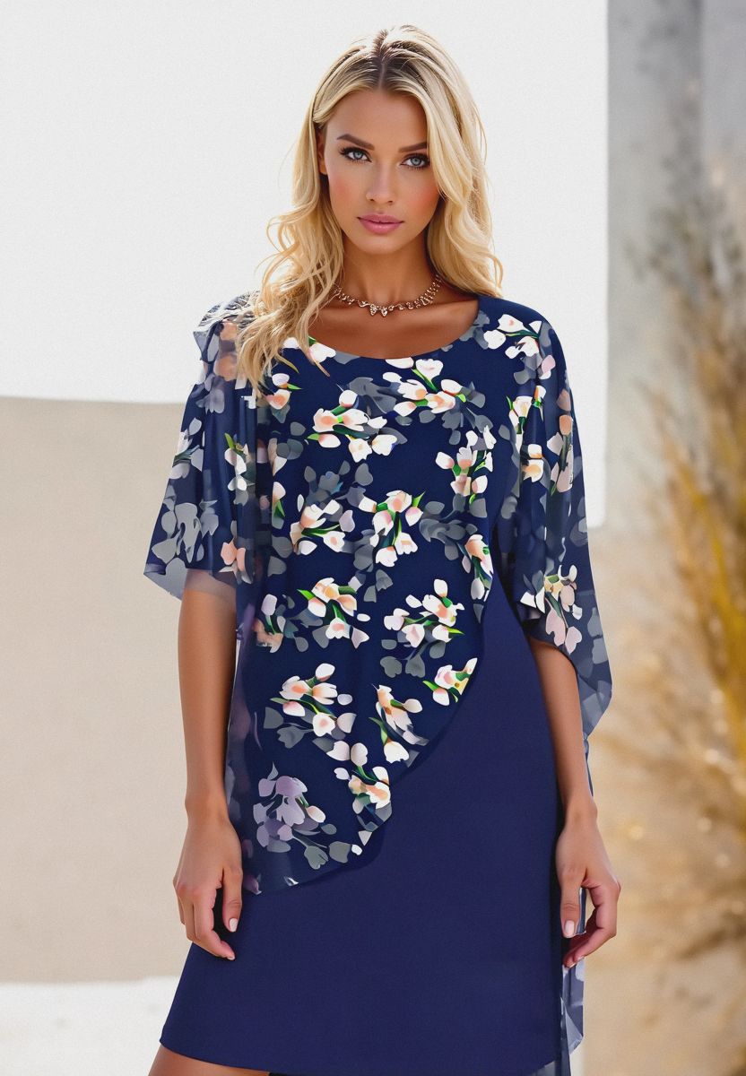 Kvinders Chiffon Kjole Blomsterprint H-Linie Rund Halsudskæring