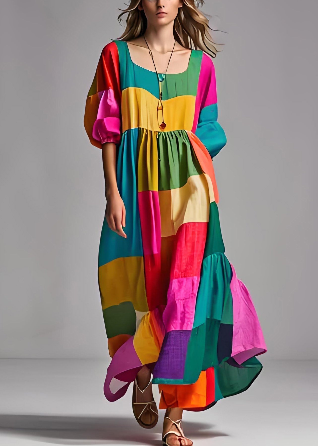 Kvinders Colorblock Puff Sleeve Kjole