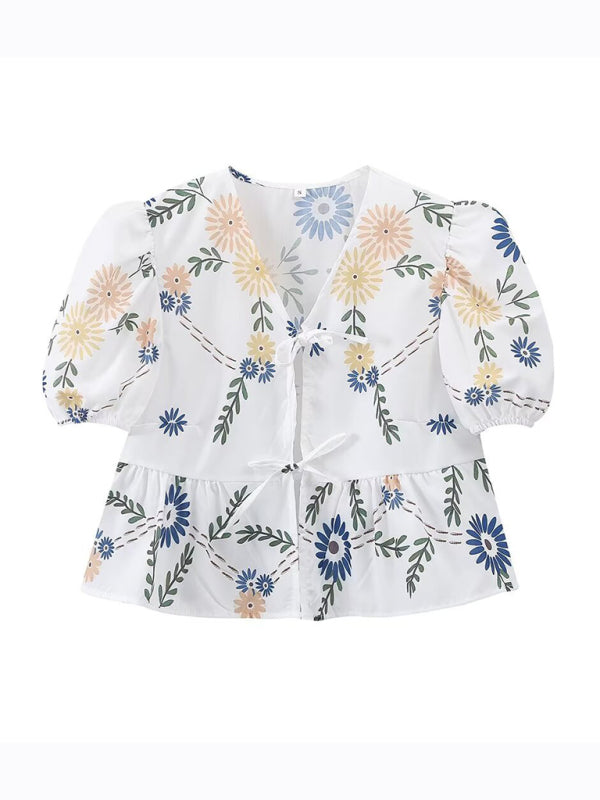 Kvinders Crop Top V-Hals Blomsterprint Med Sløjfe Detalje Hør