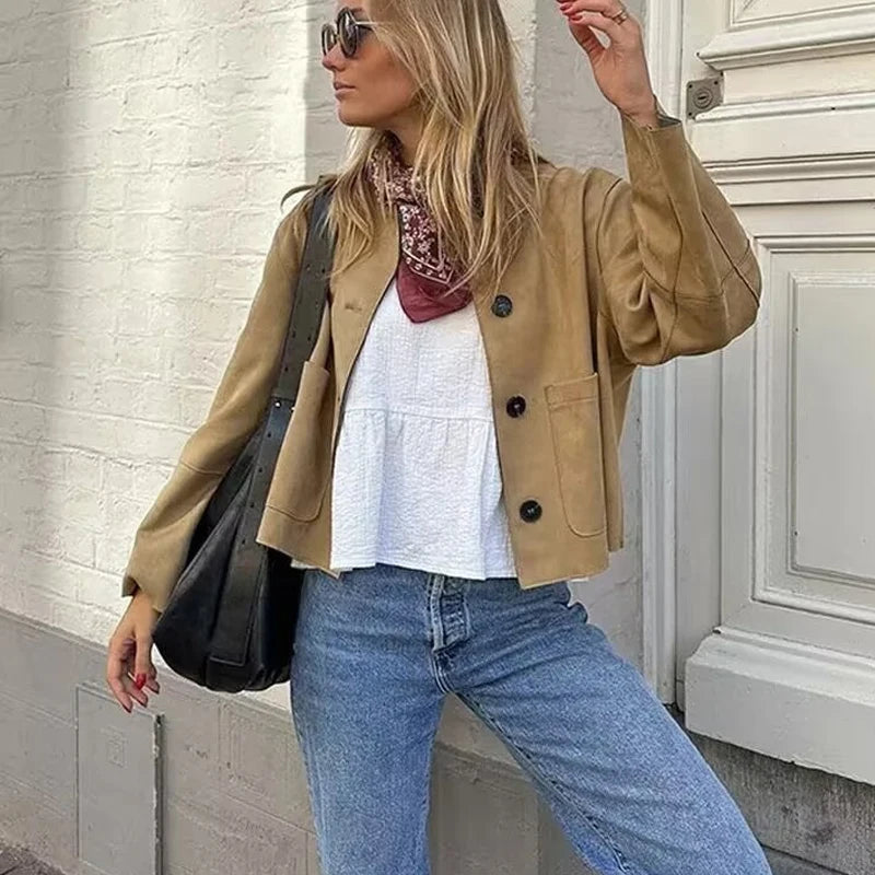 Kvinders Cropped Blazer Jakke med Lange Ærmer