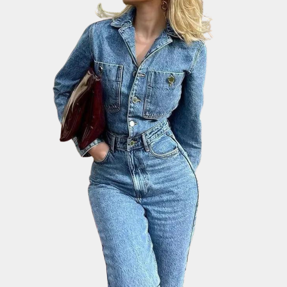 Kvinders Denim Jumpsuit Med Lange Ærmer