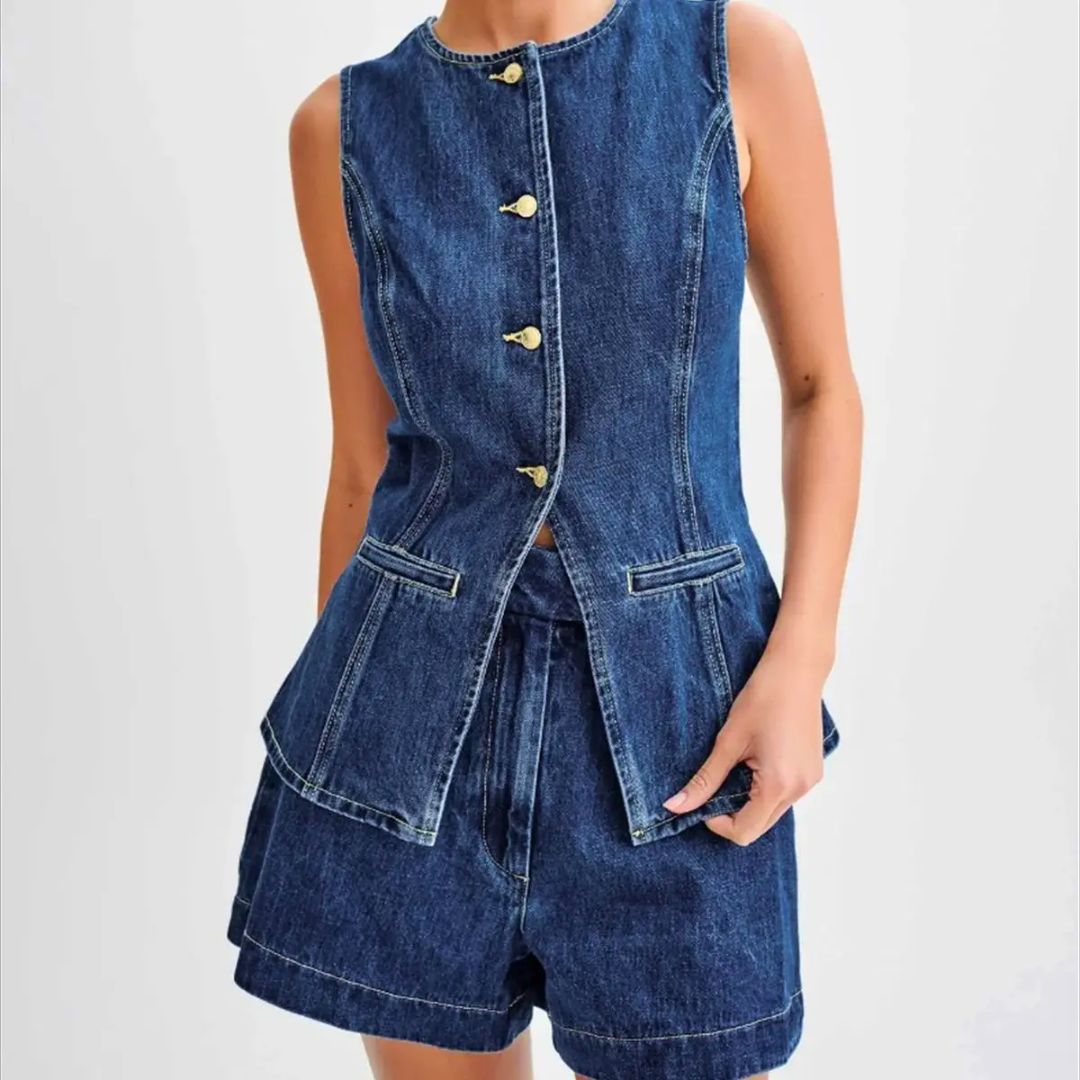 Kvinders Denim Sæt Med Høj Talje Shorts