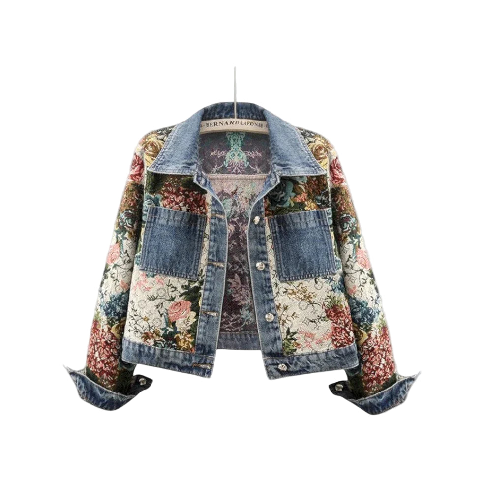 Kvinders Denimjakke med Blomsterpatchwork Boho-stil