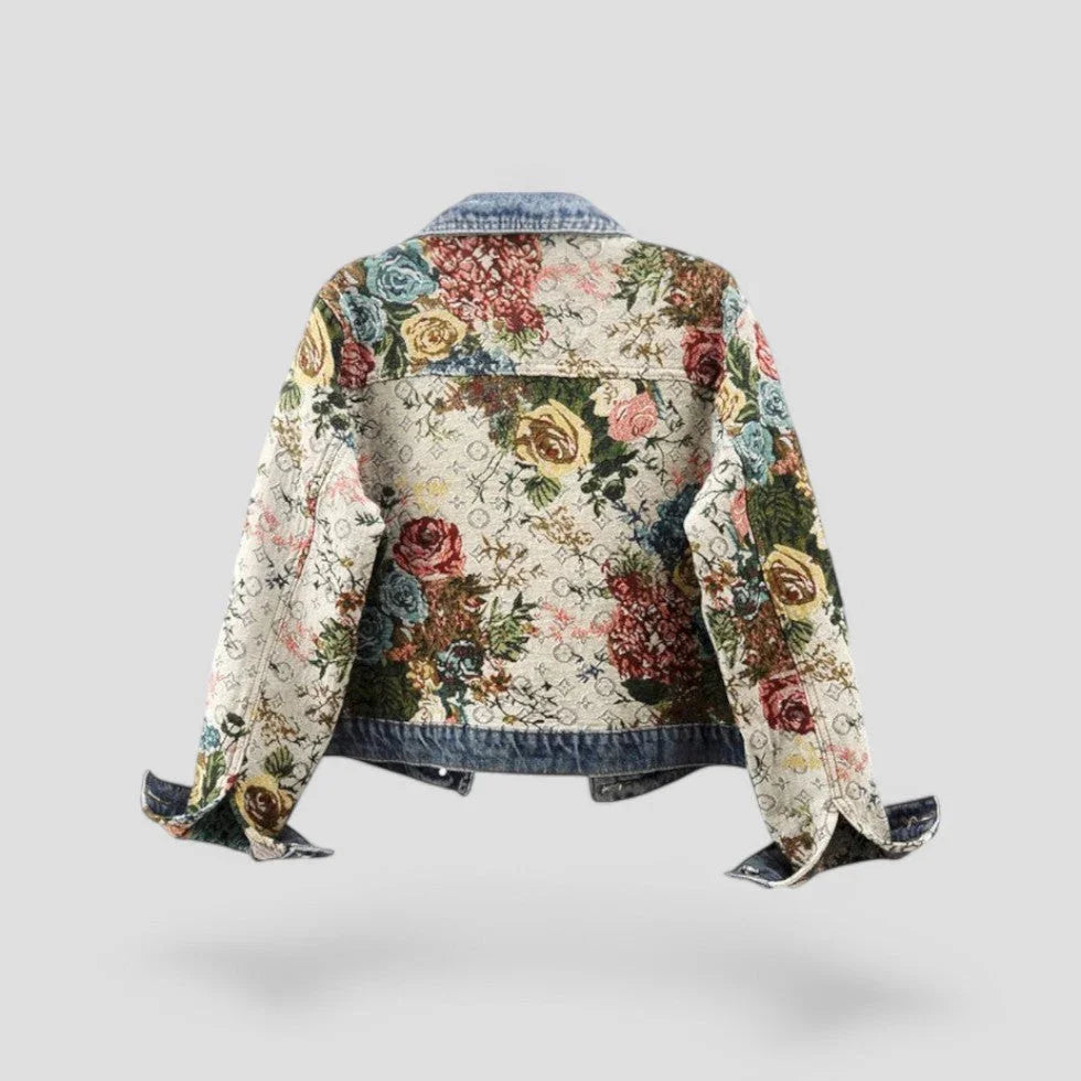 Kvinders Denimjakke med Blomsterpatchwork Boho-stil