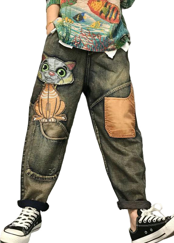 Kvinders Harem Jeans med Kat Broderi