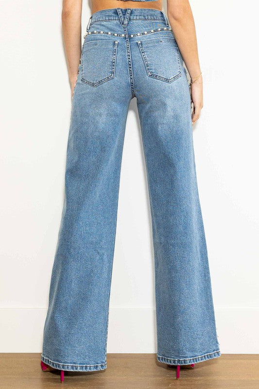 Kvinders Høj Talje Bred Ben Jeans i Medium Stone