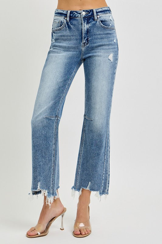 Kvinders Høj Talje Crop Straight Jeans Distressed Bomuld