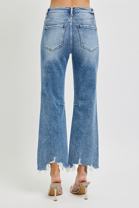 Kvinders Høj Talje Crop Straight Jeans Distressed Bomuld
