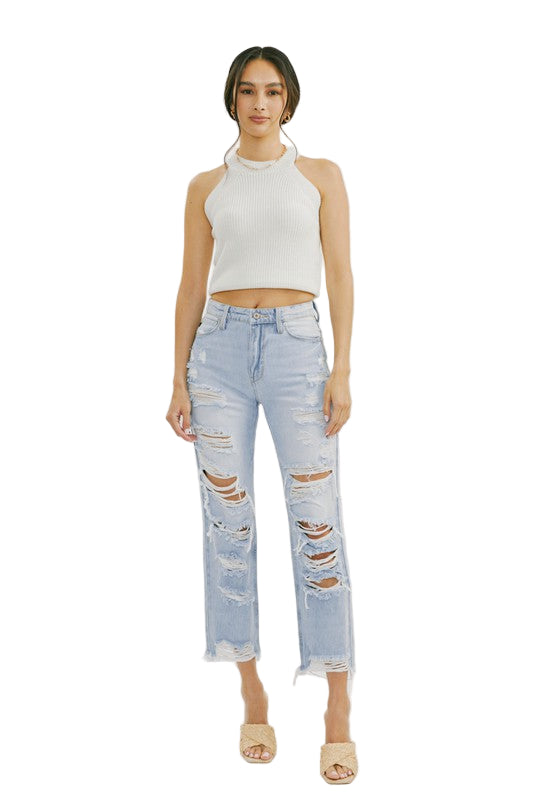 Kvinders Høj Talje Distressed Jeans Let Denim
