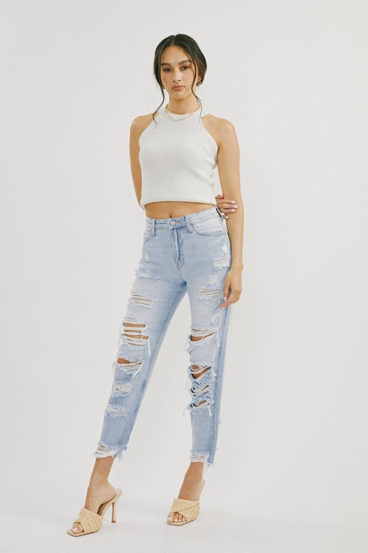 Kvinders Høj Talje Distressed Jeans Let Denim
