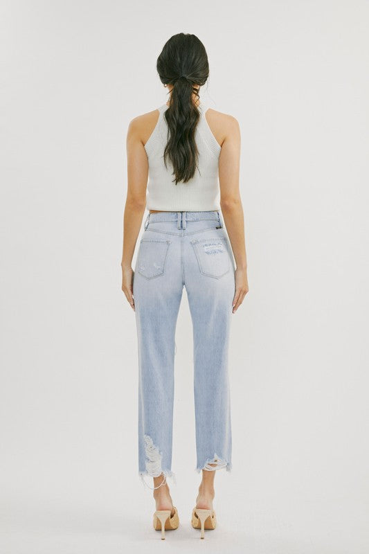 Kvinders Høj Talje Distressed Jeans Let Denim