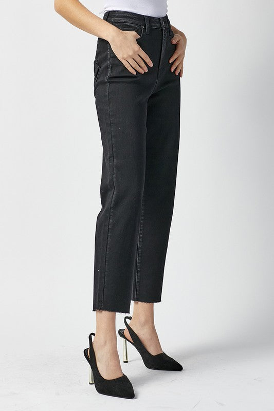 Kvinders Høj Talje Mom Fit Jeans Vasket Sort