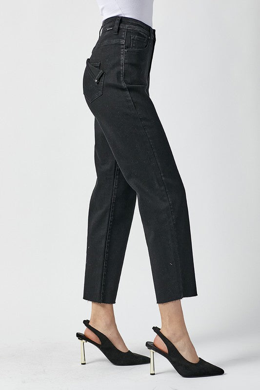 Kvinders Høj Talje Mom Fit Jeans Vasket Sort